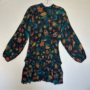 FARM Rio Black Cerrado Sky Celestial Ruffle Long Sleeve Mini Dress Small